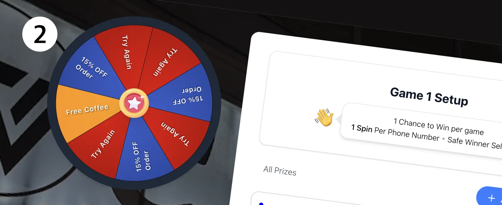 QRSpin setup step 2: Design your customer engagement with spin wheel or scratch card, set prizes and daily or weekly limits.
