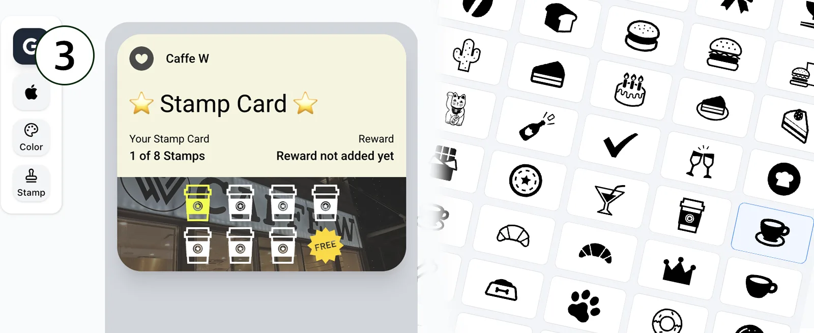 QRSpin setup step 3: Create your digital stamp card with your logo, colors, and stamp icons for Apple Wallet and Google Wallet.